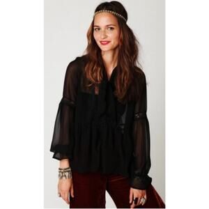 Free People Black Sheer Tiered Lace Bow Tie Long Sleeves